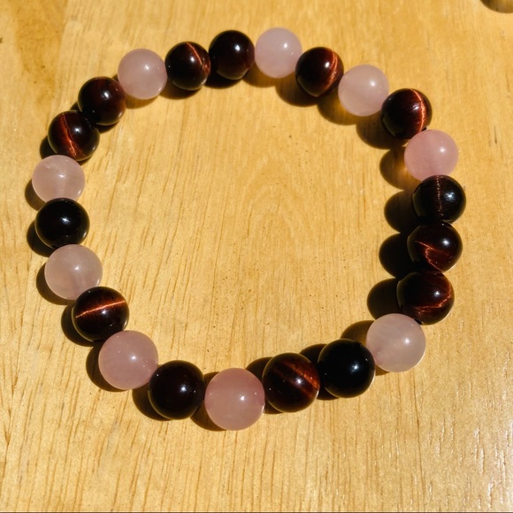 Red Tiger Eye * Rose Quartz Gemstone Bracelet - Picture 3 of 5